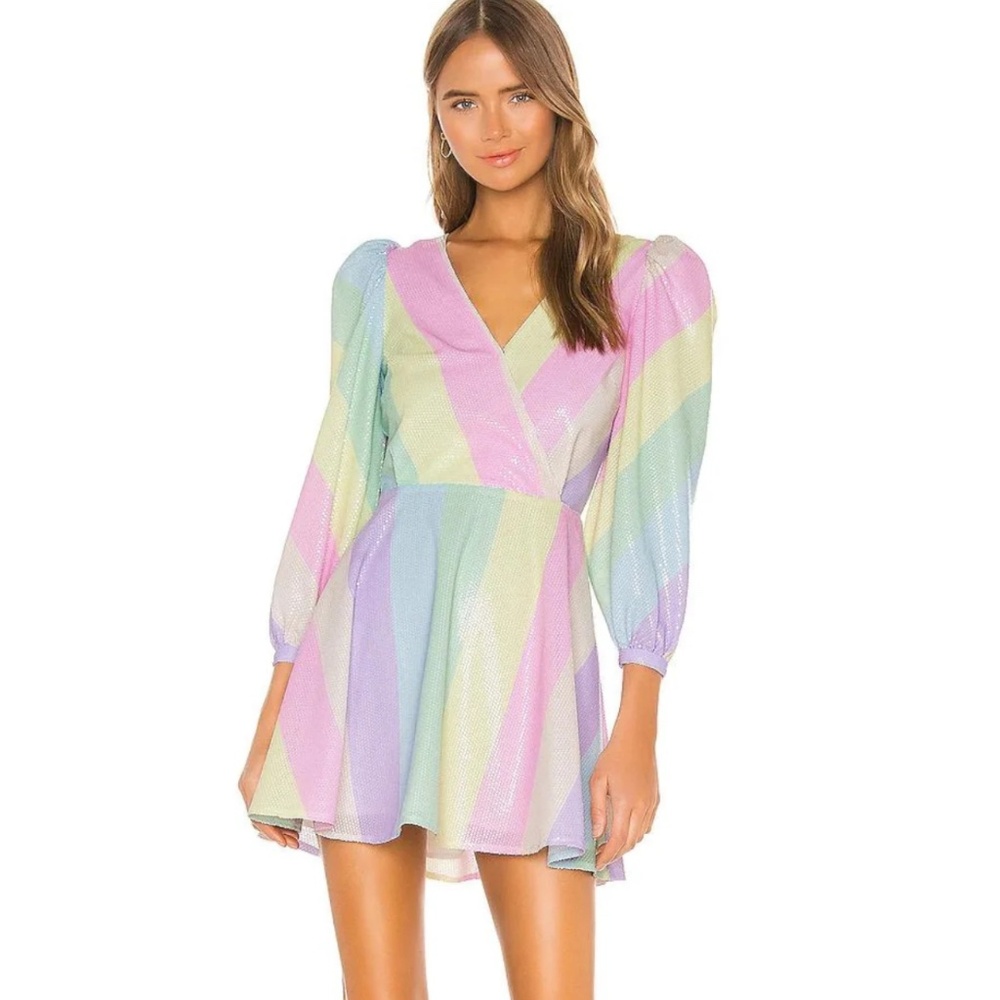 Olivia Rubin pastel rainbow stripe sequin dress!